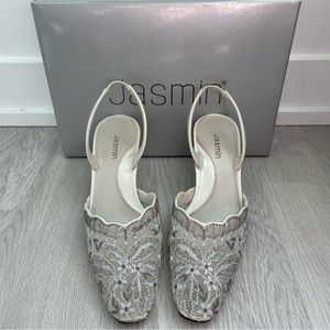 Jasmin Silver Lace Kitten Low Heel Slingback Sandal